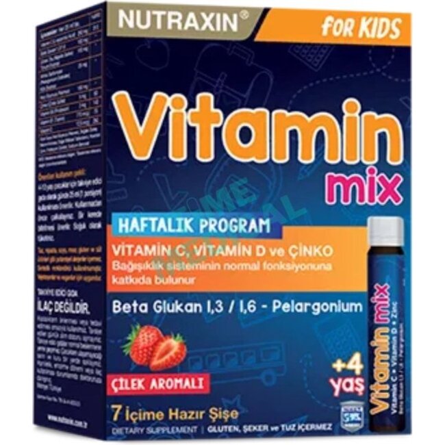 Nutraxin Vitamin Mix for Kids – 7 Drink Bottles – With Vitamin C, D, Zinc, Beta-Glucan & Herbal Extracts – Immune Support – 4+ Years – Sugar-Free