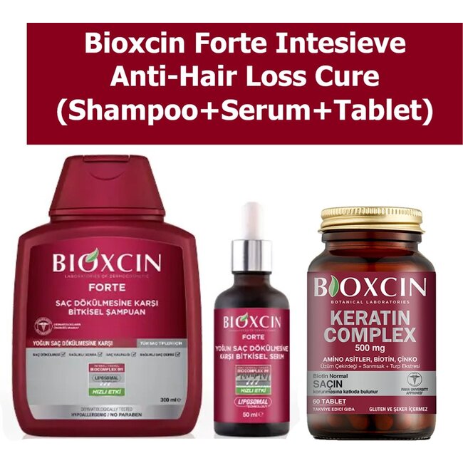 Bioxcin Forte Intensieve Anti-Haaruitval Kuur – Shampoo 300 ml + Serum 50 ml + Keratine Complex Tabletten 60 stuks – Complete Behandeling
