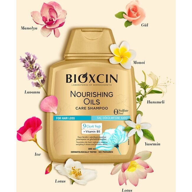 Bioxcin Shampoo Gegen Haarausfall – Nourishing Oils – 9 Blütenöle & Vitamin B5 – Sulfatfrei – 300 ml – Für Kräftiges & Glänzendes Haar