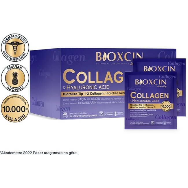 Bioxcin Collagen Beauty Sachet – 30x11 g – With Hyaluronic Acid, Keratin, Biotin, Vitamin C & E – Pineapple Flavour