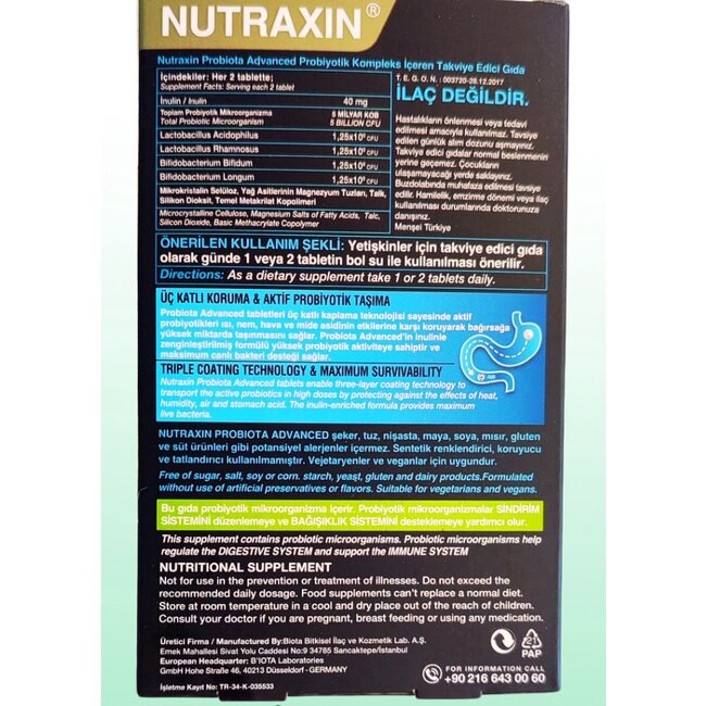Nutraxin Probiota Advanced – 60 Tabletten – Probiotika mit Inulin – Unterstützung Verdauung & Immunsystem – Dreischichtiger Schutz