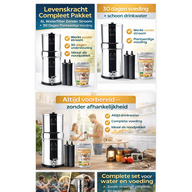 Levenskracht Noodpakket – Puur Natuurlijke Energie & Vitaliteit – 6L  Waterfilter & 30 Dagen Voeding