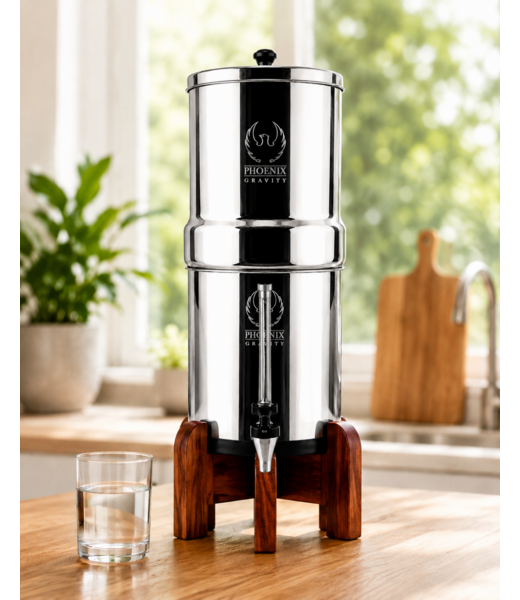 Phoenix Gravity Phoenix Gravity Water Filter 8L + Teak Wooden Stand + Stainless Steel Vision Tap