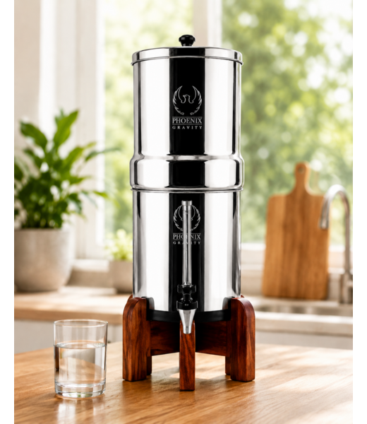 Phoenix Gravity Phoenix Gravity Waterfilter 8L + Teak houten standaard + RVS Vision Tap
