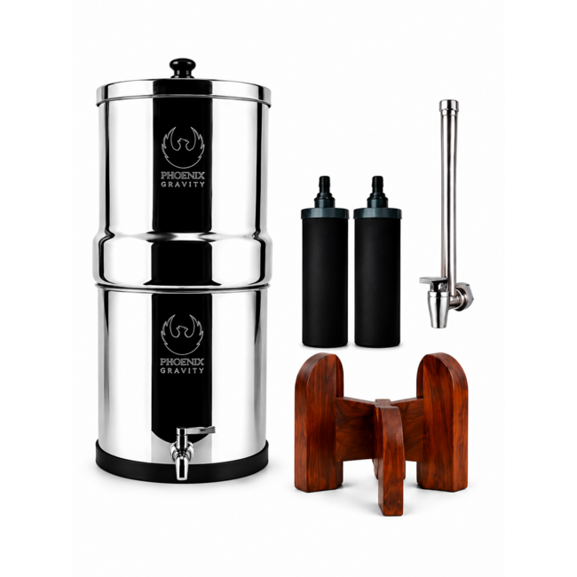 Phoenix Gravity Waterfilter 8L + Teak houten standaard + RVS Vision Tap