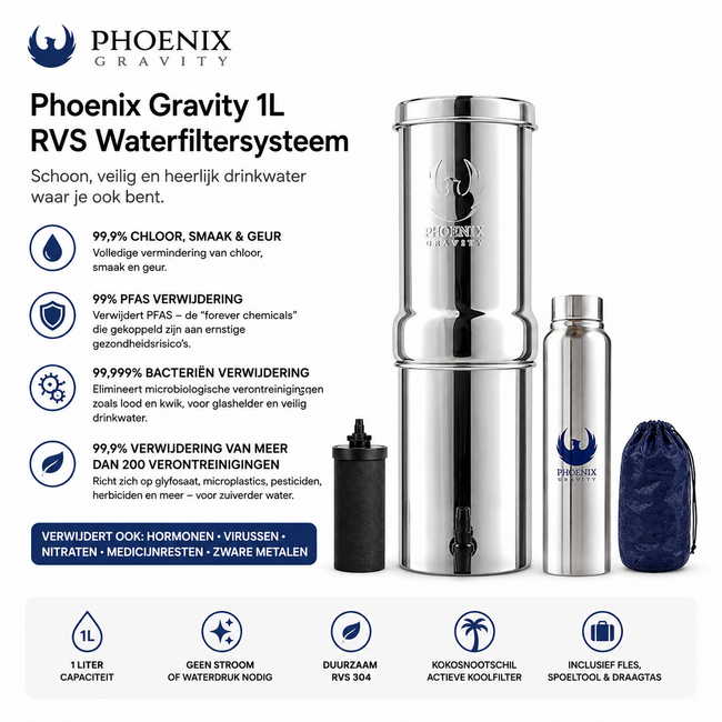Phoenix Gravity 1 Liter Stainless Steel Water Filter complete with 1 mini KokoCarb Filter, carrying bag and 950 ml Drinking Bottle