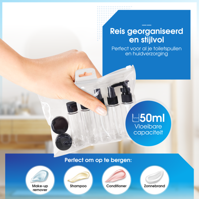 HGMD Reisflesjes Met Etui - 11 Delig - Reisaccessoires - Reisflacons - Cosmetica Potjes - Reis Flesjes - Reisverpakking - Toilettas