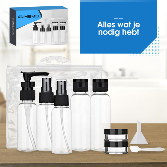 HGMD Reisflesjes Met Etui - 11 Delig - Reisaccessoires - Reisflacons - Cosmetica Potjes - Reis Flesjes - Reisverpakking - Toilettas