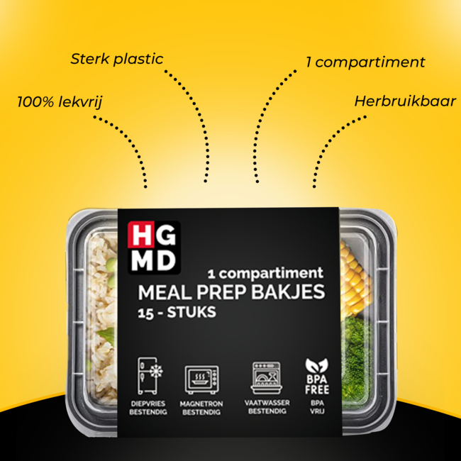 HGMD Meal Prep Bakjes - 15 stuks - 1 compartiment - Lunchbox - Diepvriesbakjes - Vershoudbakjes - Plastic Vershouddoos - 1L - BPA vrij