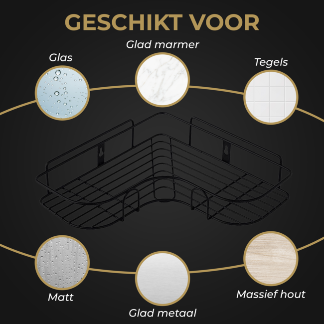 HGMD Doucherek zonder boren - 1 stuk - Zwart - Zelfklevend Doucherek –Badkamerrek - Badrek - Keukenrek - Doucherek hangend – Badkamer accessoires - Kruidenrek