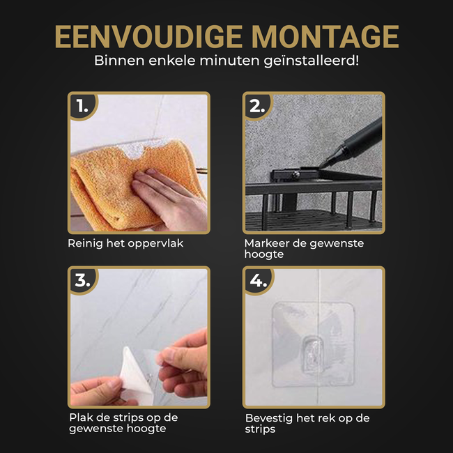 HGMD Doucherek zonder boren - 1 stuk - Zwart - Zelfklevend Doucherek –Badkamerrek - Badrek - Keukenrek - Doucherek hangend – Badkamer accessoires - Kruidenrek