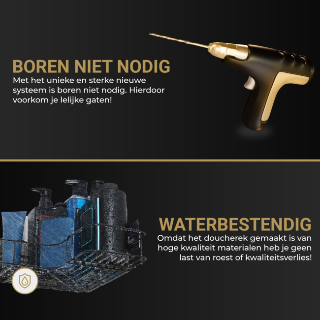 HGMD Doucherek zonder boren - 1 stuk - Zwart - Zelfklevend Doucherek –Badkamerrek - Badrek - Keukenrek - Doucherek hangend – Badkamer accessoires - Kruidenrek