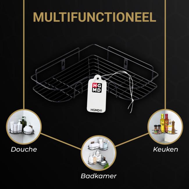 HGMD Doucherek zonder boren - 1 stuk - Zwart - Zelfklevend Doucherek –Badkamerrek - Badrek - Keukenrek - Doucherek hangend – Badkamer accessoires - Kruidenrek