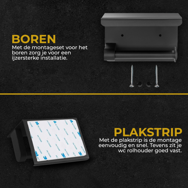 HGMD WC Rolhouder met Plankje - Zwart - Zelfklevend / Boren / Zonder Boren - Toiletrolhouder zwart - Toiletrolhouder zonder boren
