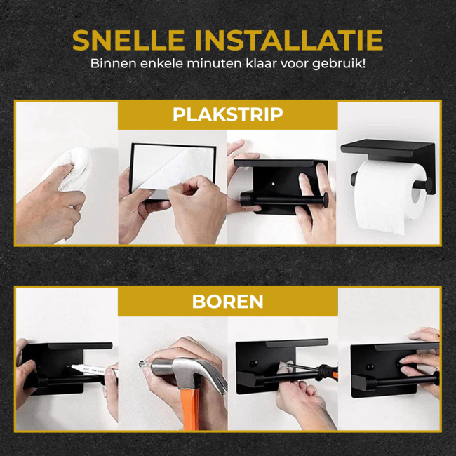 HGMD WC Rolhouder met Plankje - Zwart - Zelfklevend / Boren / Zonder Boren - Toiletrolhouder zwart - Toiletrolhouder zonder boren