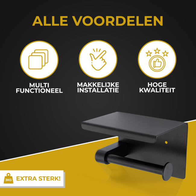HGMD WC Rolhouder met Plankje - Zwart - Zelfklevend / Boren / Zonder Boren - Toiletrolhouder zwart - Toiletrolhouder zonder boren