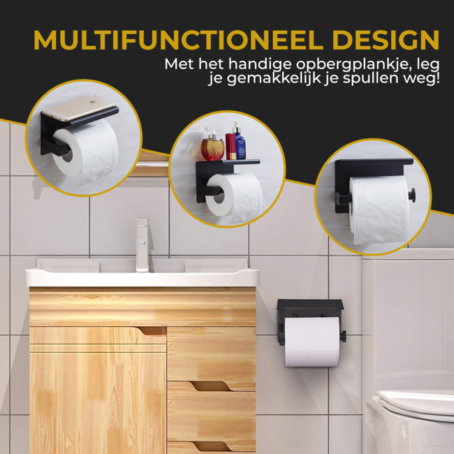 HGMD WC Rolhouder met Plankje - Zwart - Zelfklevend / Boren / Zonder Boren - Toiletrolhouder zwart - Toiletrolhouder zonder boren