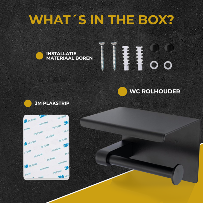 HGMD WC Rolhouder met Plankje - Zwart - Zelfklevend / Boren / Zonder Boren - Toiletrolhouder zwart - Toiletrolhouder zonder boren