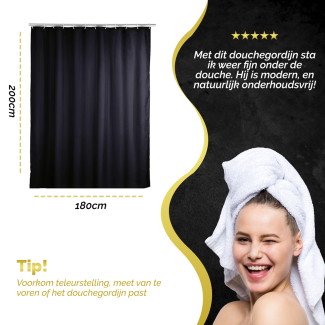 HGMD Douchegordijn 180x200 - Zwart - Wasbaar - Douchegordijn anti schimmel