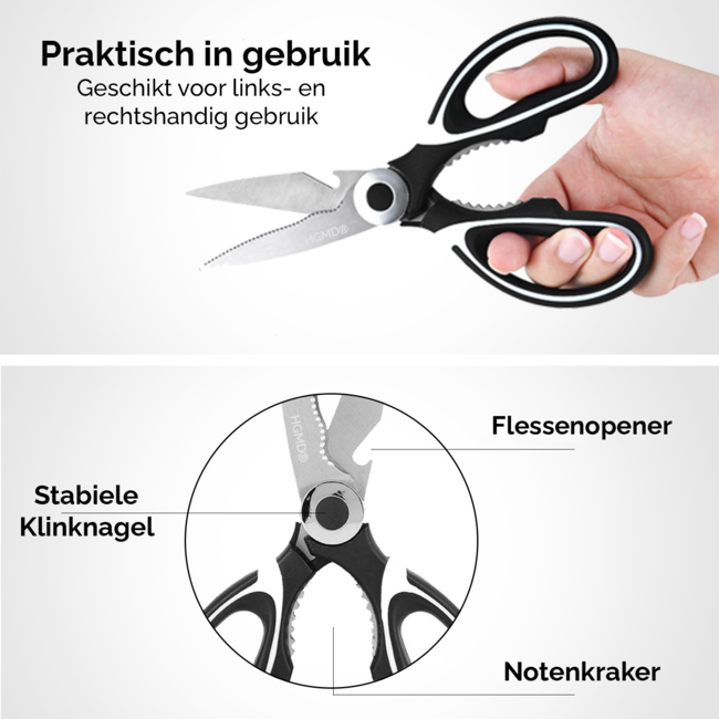 Multifunctionele Keukenschaar - Vaatwasser bestendig - Huishoudschaar - Schaar linkshandig en rechtshandig - Flesopener - Notenkraker - Vissenontschubber