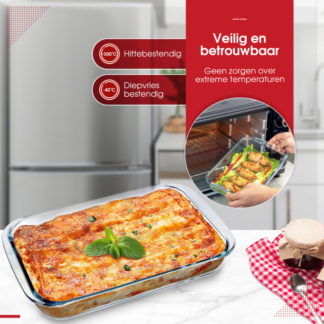 HGMD Ovenschalen Set - 3 Delig - 1L - 1,6L - 2,2L - Rechthoekig - Glas - Vaatwasserbestendig
