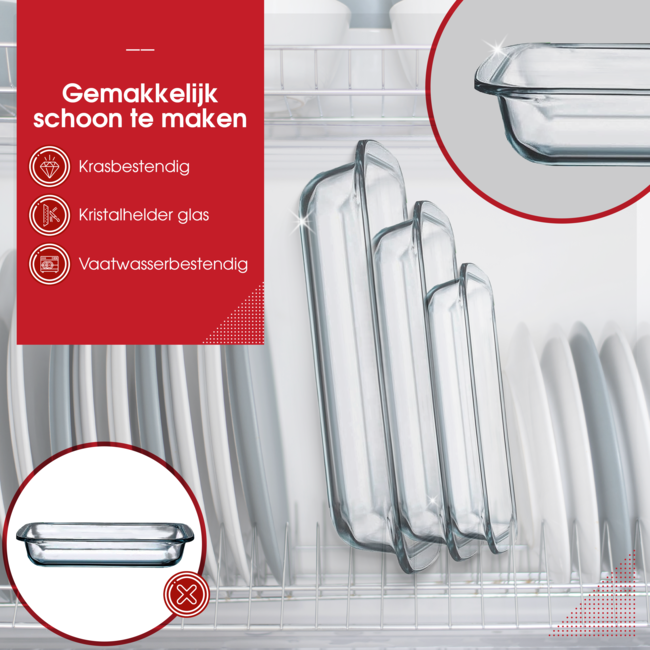 HGMD Ovenschalen Set - 3 Delig - 1L - 1,6L - 2,2L - Rechthoekig - Glas - Vaatwasserbestendig
