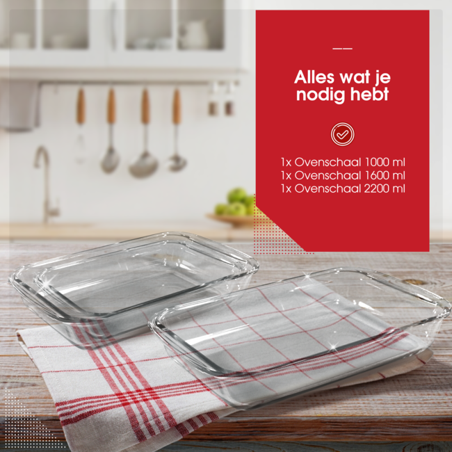 HGMD Ovenschalen Set - 3 Delig - 1L - 1,6L - 2,2L - Rechthoekig - Glas - Vaatwasserbestendig