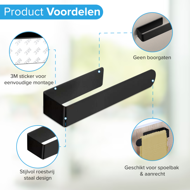 HGMD Vaatdoekhouder - Aanrecht organiser - Gootsteen organizer - Zwart - Zelfklevend - RVS - Inclusief 3M plaksticker