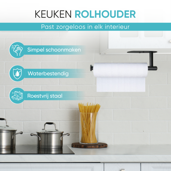 HGMD Keukenrolhouder - Zelfklevend en / of Boren - Keukenrolhouder Zwart - Rollenhouder - Keukenrolhouder Hangend