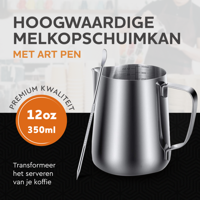 HGMD Melkkan 350ml - Melkkannetje opschuim - Melkopschuimkan - Milk Pitcher - Melkkannetje - Inclusief Art Pen & Strooipotje - Latte Art - RVS