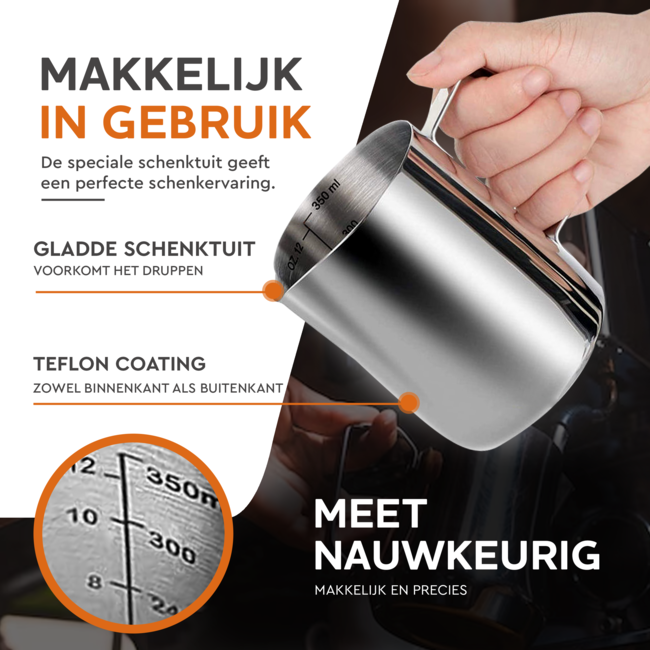 HGMD Melkkan 350ml - Melkkannetje opschuim - Melkopschuimkan - Milk Pitcher - Melkkannetje - Inclusief Art Pen & Strooipotje - Latte Art - RVS