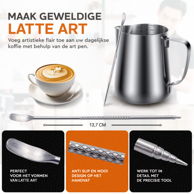 HGMD Melkkan 350ml - Melkkannetje opschuim - Melkopschuimkan - Milk Pitcher - Melkkannetje - Inclusief Art Pen & Strooipotje - Latte Art - RVS