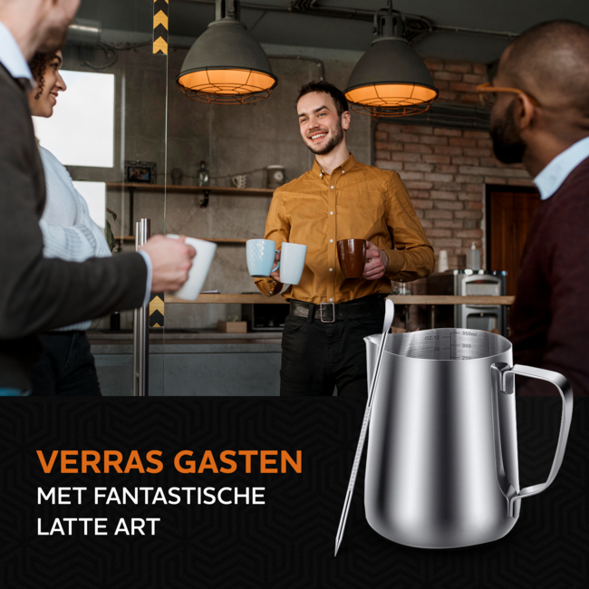 HGMD Melkkan 350ml - Melkkannetje opschuim - Melkopschuimkan - Milk Pitcher - Melkkannetje - Inclusief Art Pen & Strooipotje - Latte Art - RVS