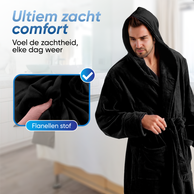 HGMD Badjas met Capuchon - Zwart - XL/XXL - Unisex - Badjas dames - Badjas heren - Wasmachine bestendig