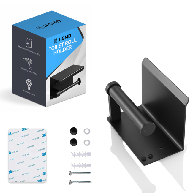 HGMD WC Rolhouder met Plankje - Zwart - Zelfklevend / Boren / Zonder Boren - Toiletrolhouder zwart - Toiletrolhouder zonder boren