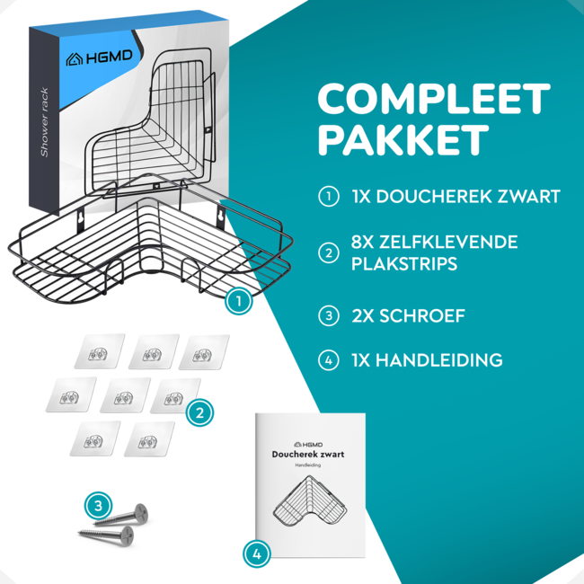 HGMD Doucherek Hoekmodel - Zwart - Tot 8 kg - Bevestigen zonder Boren of met Schroeven - Inclusief handleiding