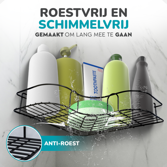 HGMD Doucherek Hoekmodel - Zwart - Tot 8 kg - Bevestigen zonder Boren of met Schroeven - Inclusief handleiding