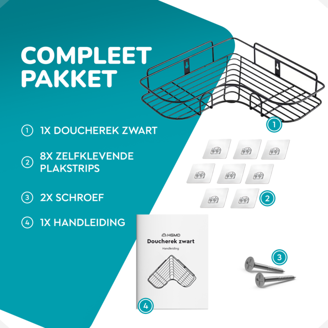 HGMD Doucherek Hoekmodel - Zwart - Tot 8 kg - Bevestigen zonder Boren of met Schroeven - Inclusief handleiding