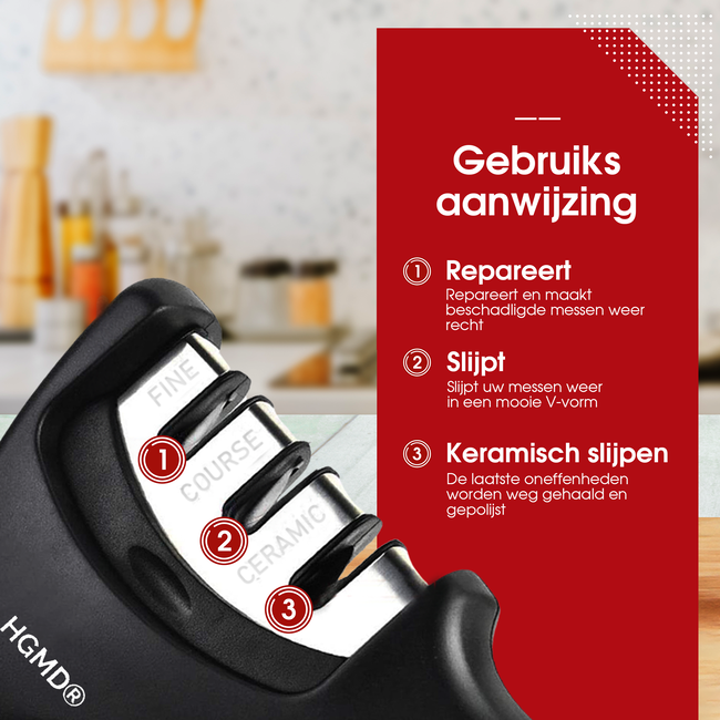 HGMD Luxe Messenslijper - 3 Standen - Zwart - Antislip - Scharenslijper - Messen slijper - Knife sharpener