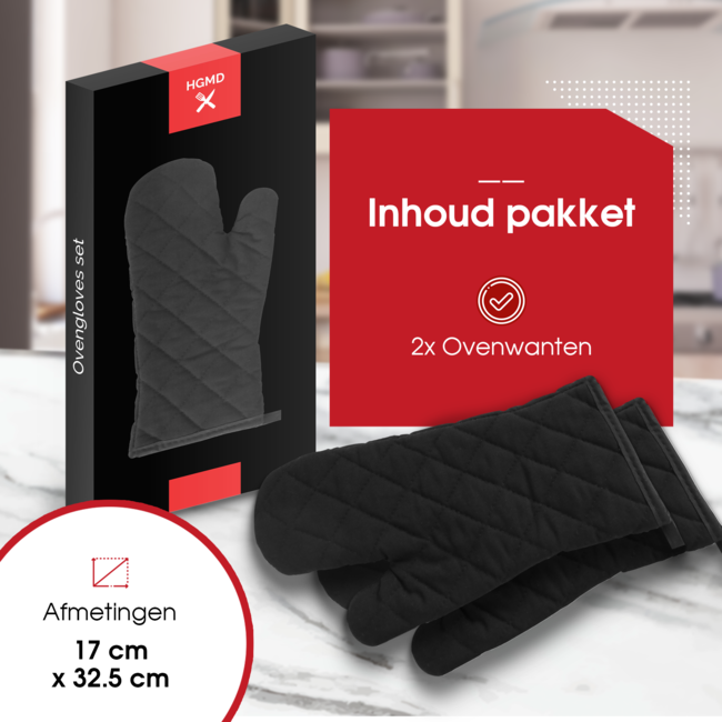 HGMD Ovenwanten - 2 Stuks - Extra lang - Hittebestendig tot 240 °C - Ovenhandschoenen - Zwart