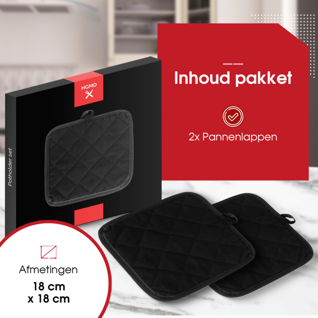 HGMD Pannenlappen - 2 Stuks - Extra lang - Hittebestendig tot 240 °C - Zwart