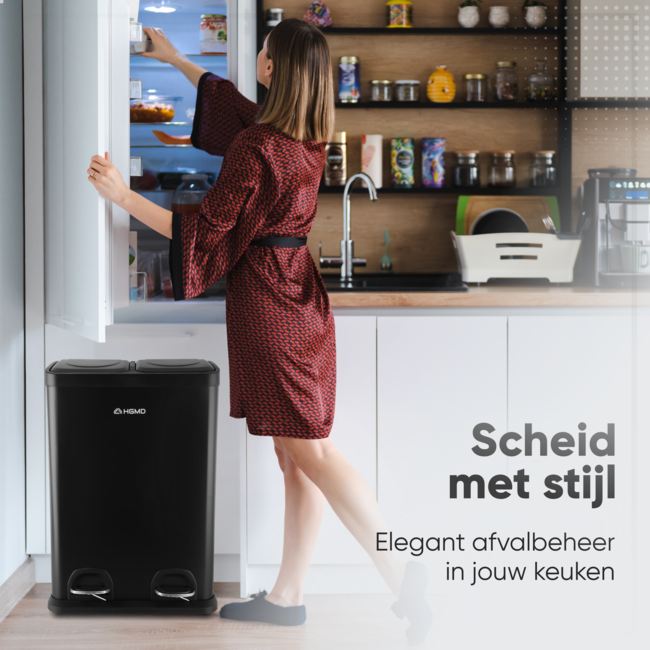 HGMD Prullenbak Afvalscheiding 40 Liter - 2 Vakken van 20 Liter - Vuilnisbak met Pedalen & Handvatten - Uitneembare Emmers - Soft-Close deksel