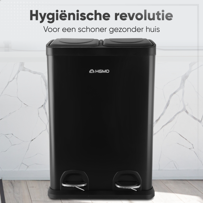 HGMD Prullenbak Afvalscheiding 40 Liter - 2 Vakken van 20 Liter - Vuilnisbak met Pedalen & Handvatten - Uitneembare Emmers - Soft-Close deksel