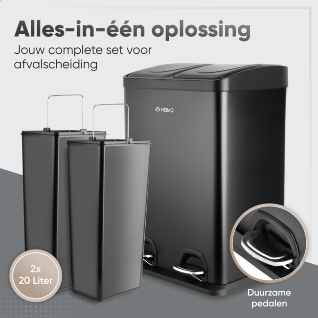 HGMD Prullenbak Afvalscheiding 40 Liter - 2 Vakken van 20 Liter - Vuilnisbak met Pedalen & Handvatten - Uitneembare Emmers - Soft-Close deksel