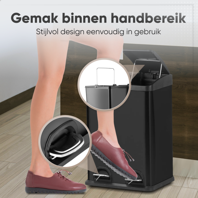 HGMD Prullenbak Afvalscheiding 40 Liter - 2 Vakken van 20 Liter - Vuilnisbak met Pedalen & Handvatten - Uitneembare Emmers - Soft-Close deksel