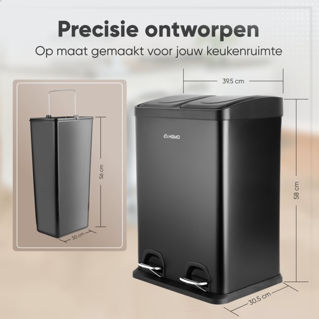 HGMD Prullenbak Afvalscheiding 40 Liter - 2 Vakken van 20 Liter - Vuilnisbak met Pedalen & Handvatten - Uitneembare Emmers - Soft-Close deksel