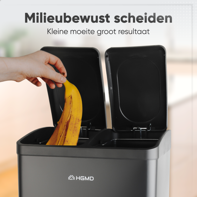 HGMD Prullenbak Afvalscheiding 40 Liter - 2 Vakken van 20 Liter - Vuilnisbak met Pedalen & Handvatten - Uitneembare Emmers - Soft-Close deksel