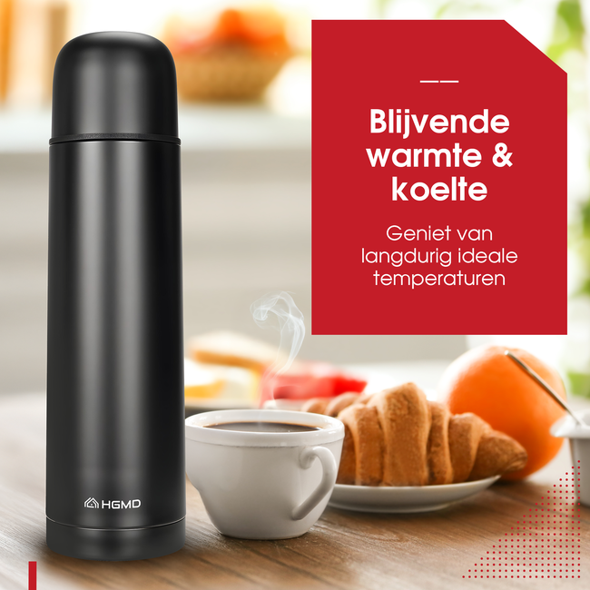 HGMD Thermoskan - 1 Liter - Isoleerkan - Zwart - Koffie - Thee - Voor warme en koude dranken