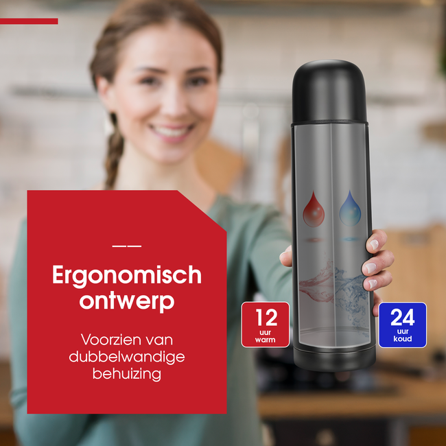 HGMD Thermoskan - 1 Liter - Isoleerkan - Zwart - Koffie - Thee - Voor warme en koude dranken