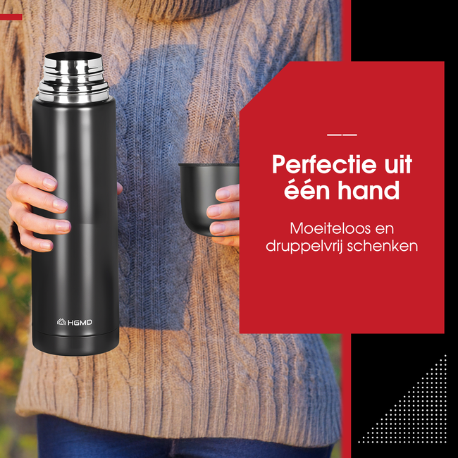 HGMD Thermoskan - 1 Liter - Isoleerkan - Zwart - Koffie - Thee - Voor warme en koude dranken